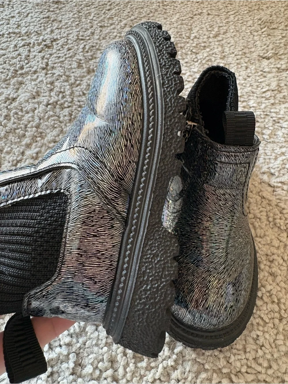 Kids Metallic Black Holographic Ankle Boots